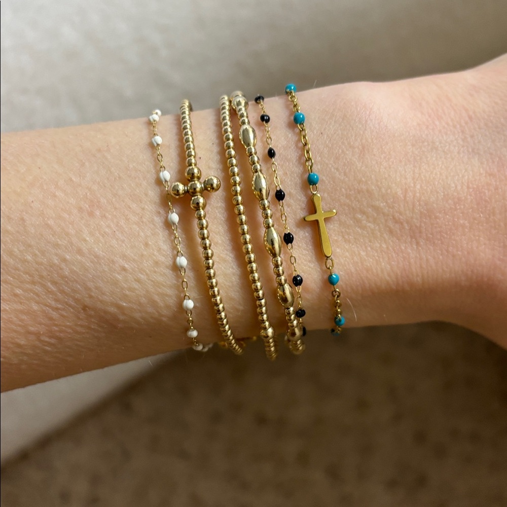 Dainty gold & turquoise beaded cross adjustable bracelet delicate jeweled chain